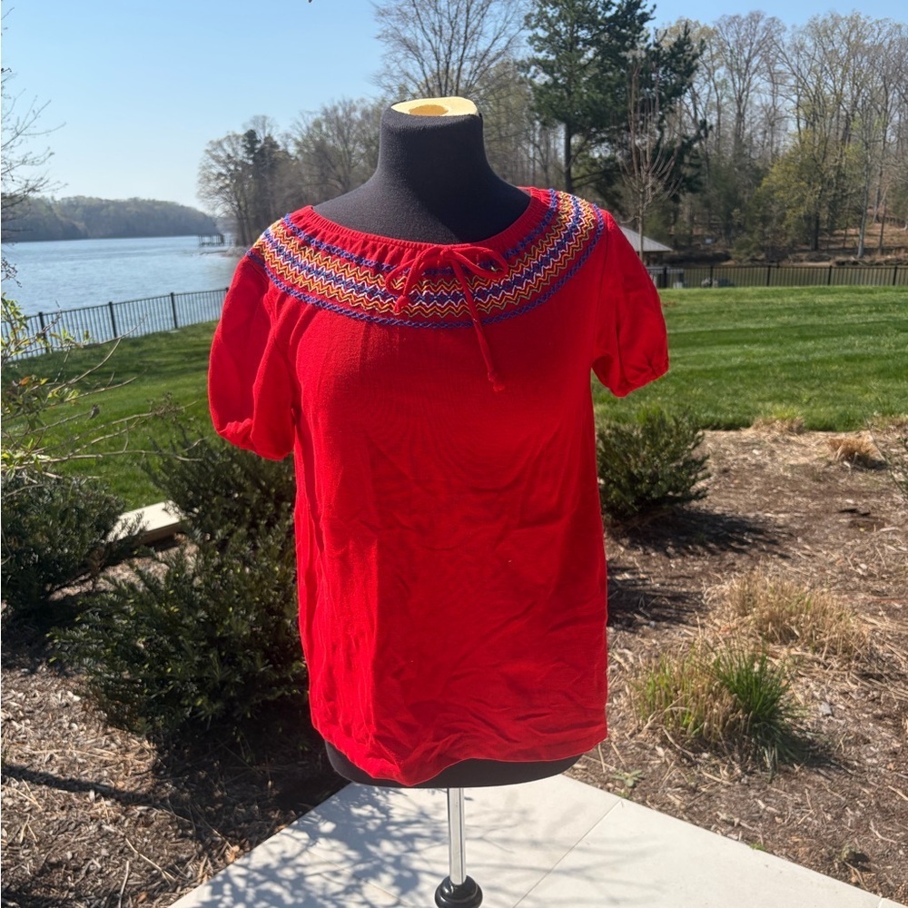 Red Embroidered Peasant Top Boho Cottagecore Blouse Stretch